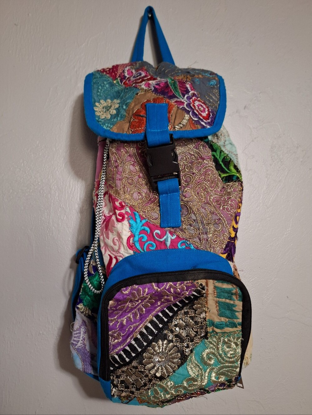 Source Unknown Patchwork Sling Backpack in Teal and Multicolor